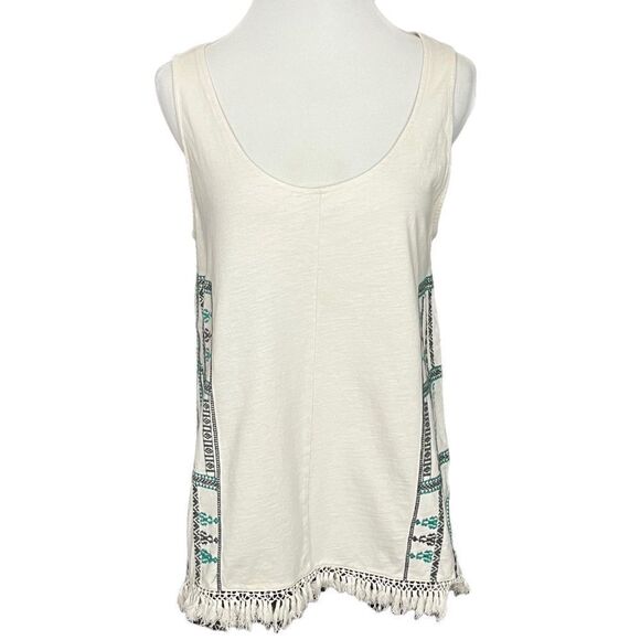 Madewell Cream And Navy Boho Embroidered Relaxed Tank With Fringe M - Picture 1 of 7